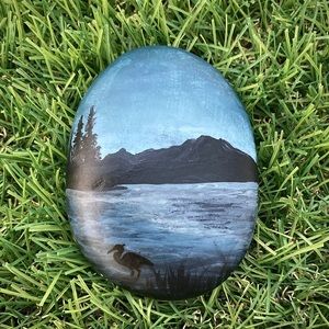 Soft Mountains and Lake Painted River Rock 3”